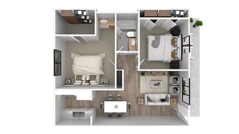 a 3d floor plan of a bedroom with a bathroom and a living room